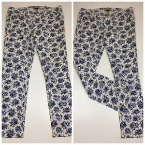 PAIGE Blue White Floral Print PEG 5 Pocket Logo Hardware Skinny Jeans